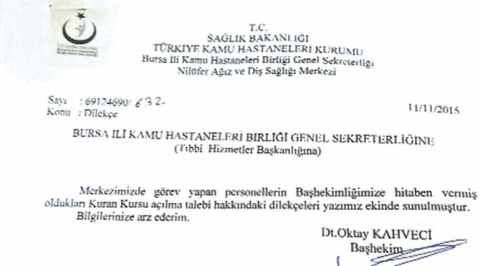 Bursa'daki hastaneye iki doktor ve iki memurdan Kuran kursu talebi