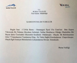 Bursa Valiliği: Patlamanın sebebi canlı bomba!