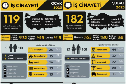 Ocak ayında en az 119, şubat ayında ise 182 işçi hayatını kaybetti